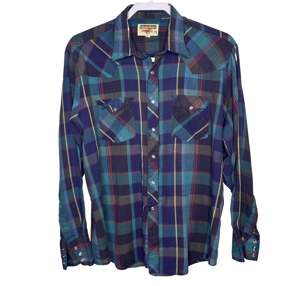 Authentic Western Youngbloods Shirt Mens Large L Plaid Pearl Snap Cowboy VTG 80s